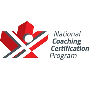 Logo of the National Coaching Certification Program, featuring a red maple leaf design that elegantly incorporates a stylized person and blue text, evoking the spirit of Squamish and the rugged beauty of British Columbia.