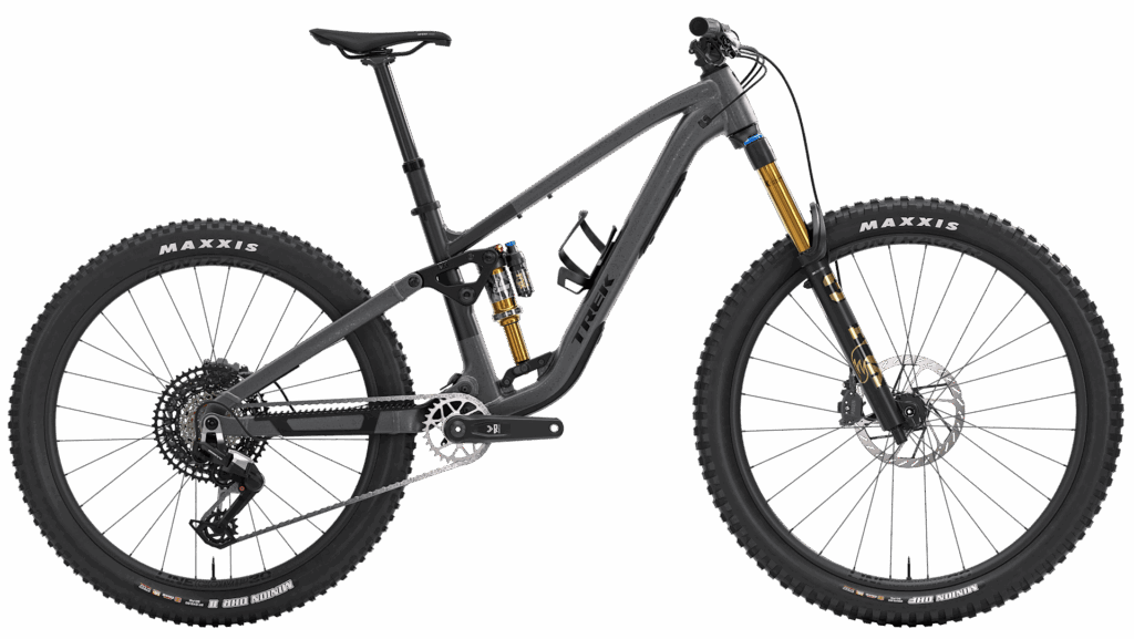 Full-suspension mountain bike with a matte gray frame, front and rear suspension, disc brakes, knobby tires, and a dropper seatpost, shown on a white background.